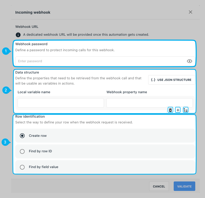 Capture de la fenêtre Déclencheur Webhook