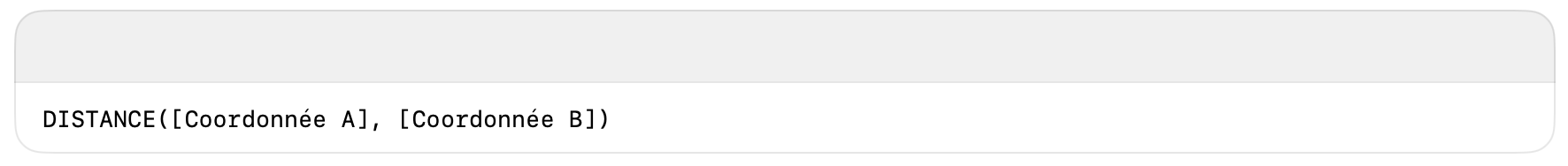Formula editor showing the DISTANCE() function between two coordinates