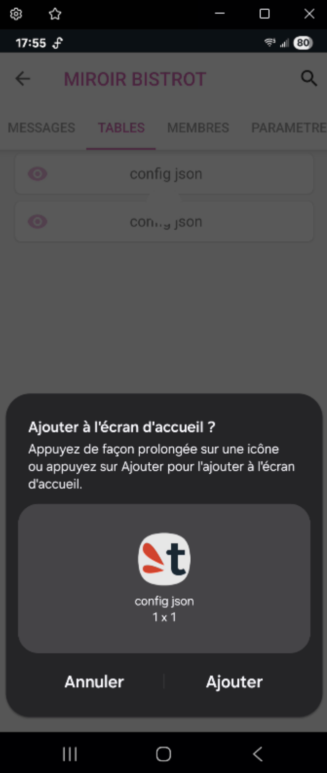 Mobile TimeTonic : boîte de dialogue demandant d’ajouter la vue à l’écran d’accueil
