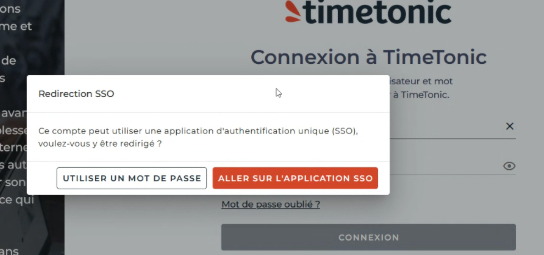 Écran de choix entre identifiants TimeTonic et SSO interne