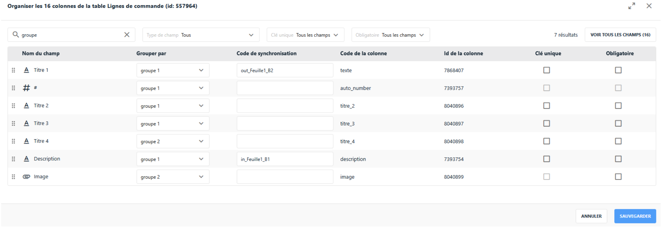 Web: Organize columns, assign each field to a group (group 1, group 2…)