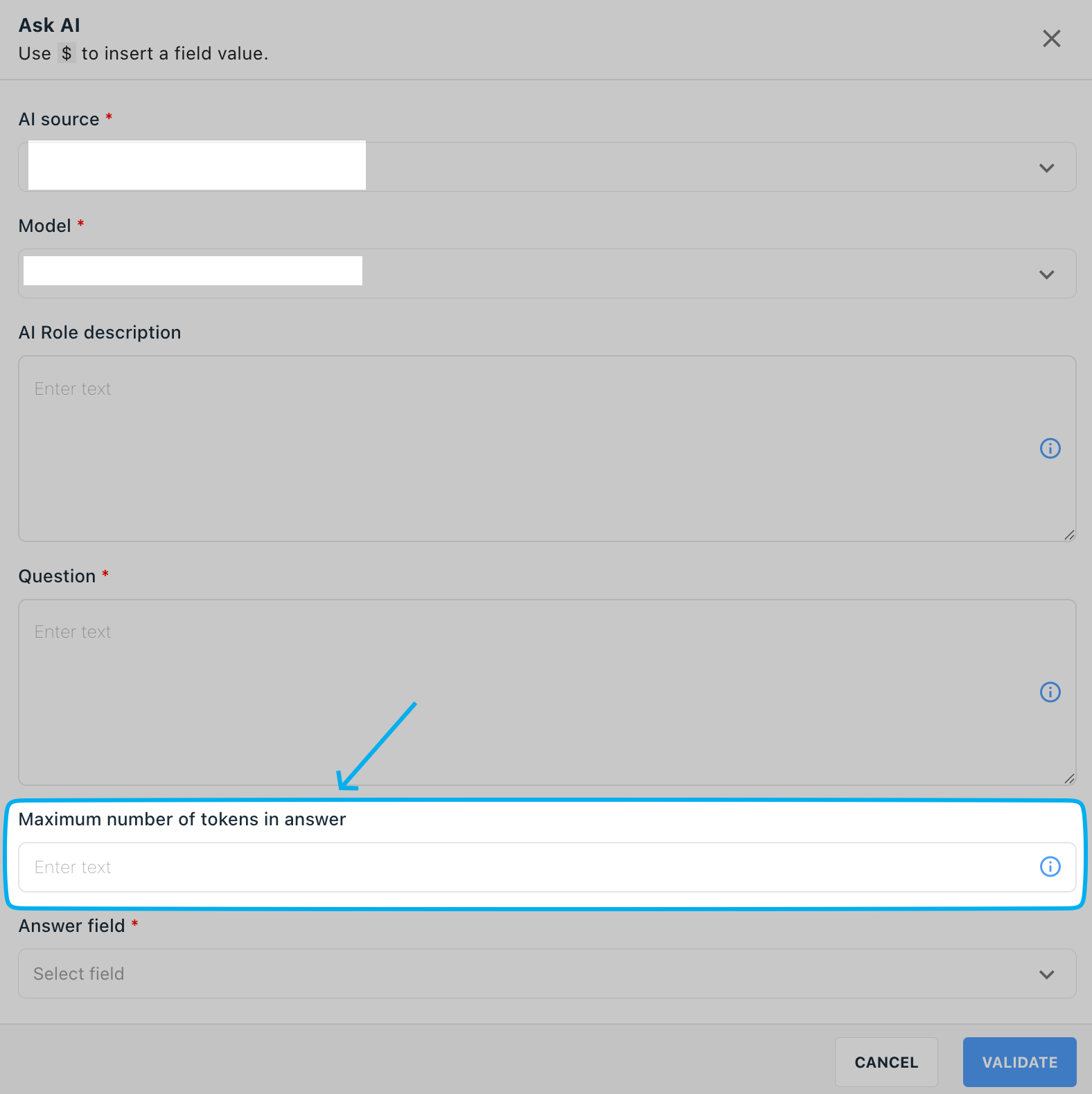 Maximum number of tokens field in the Ask an AI action configuration