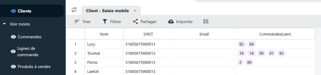 Exemple vues de lien commandes