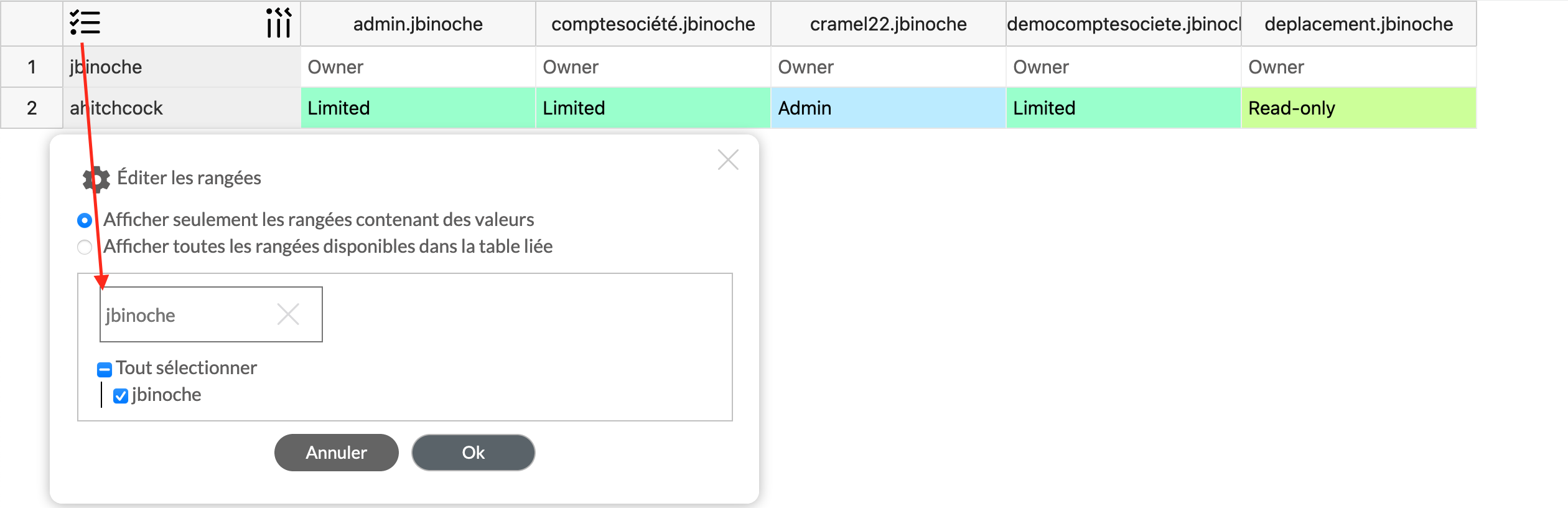 Filtrage de la liste des utilisateurs