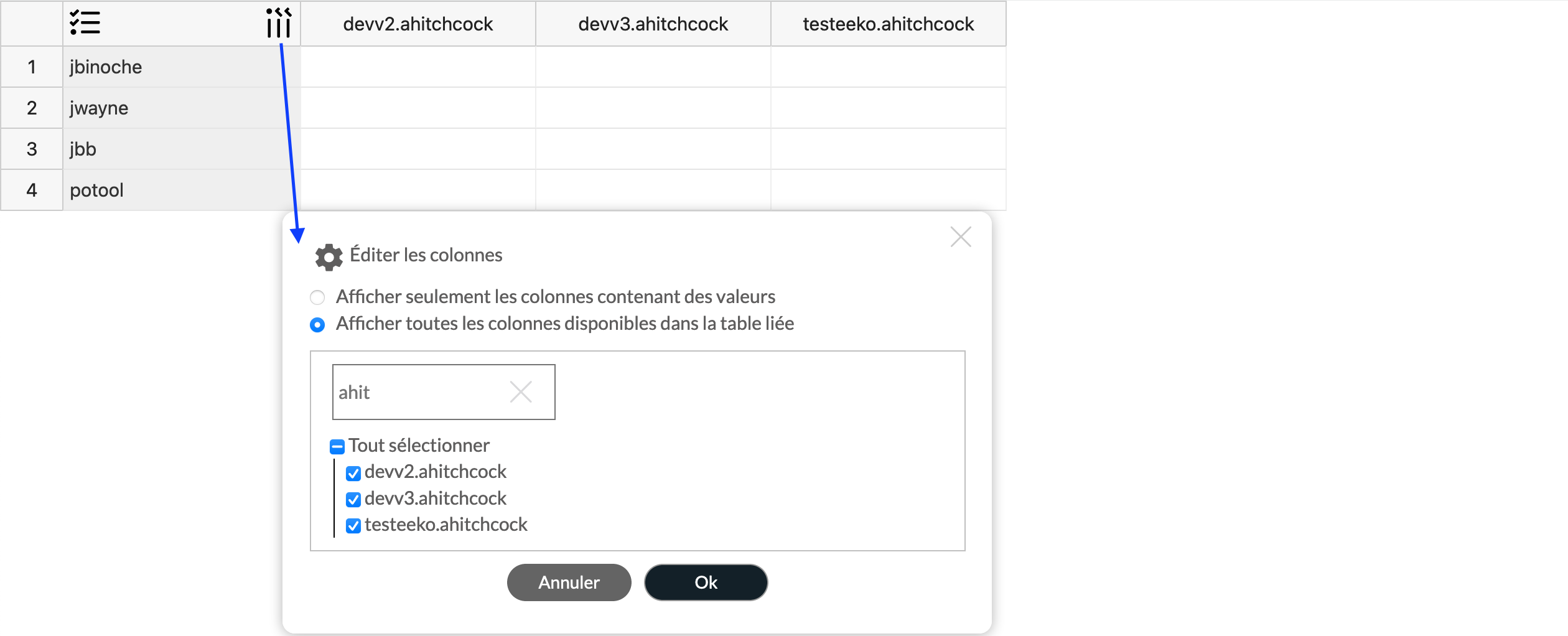 Filtrage de la liste des espaces de travail