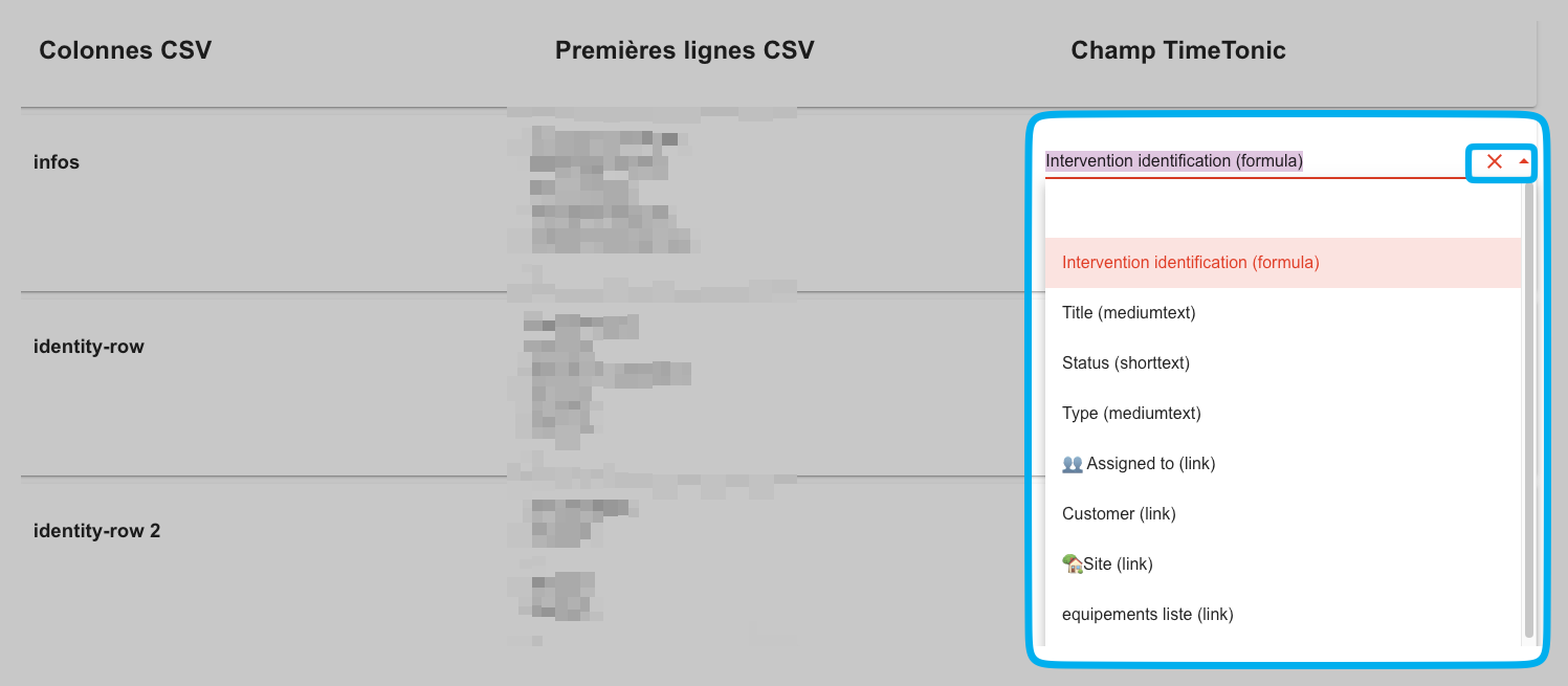 Mapping des colonnes CSV vers les champs TimeTonic