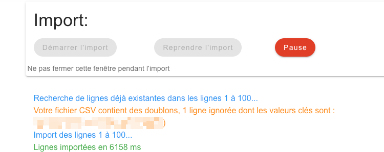 Barre de progression pendant l'import