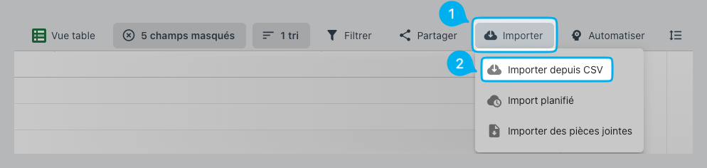 Accès au menu Import depuis les options de la table