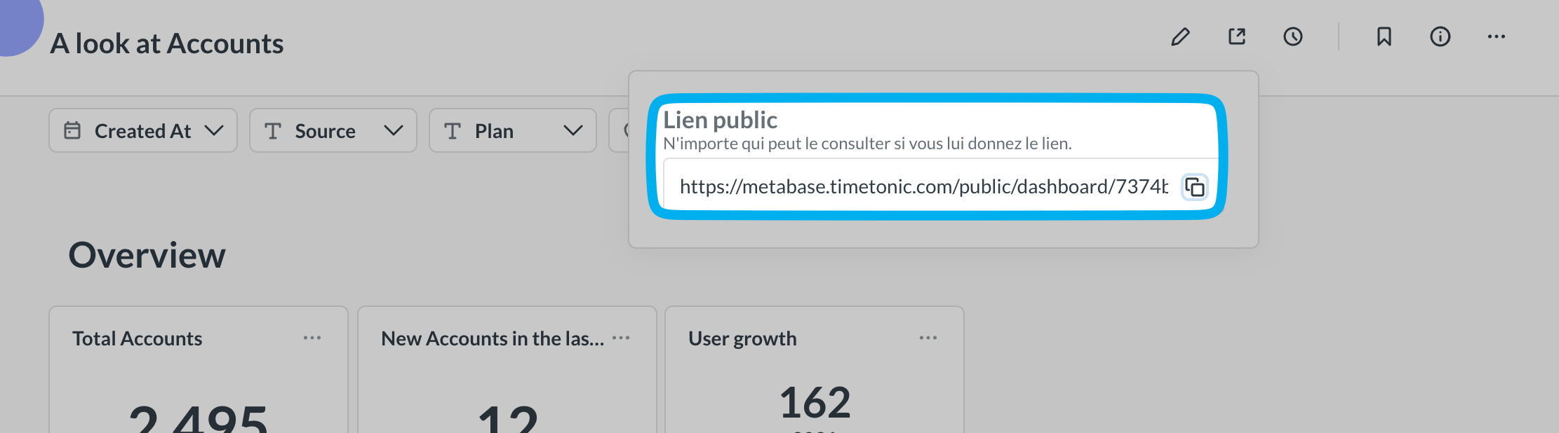 Metabase Public link window with URL