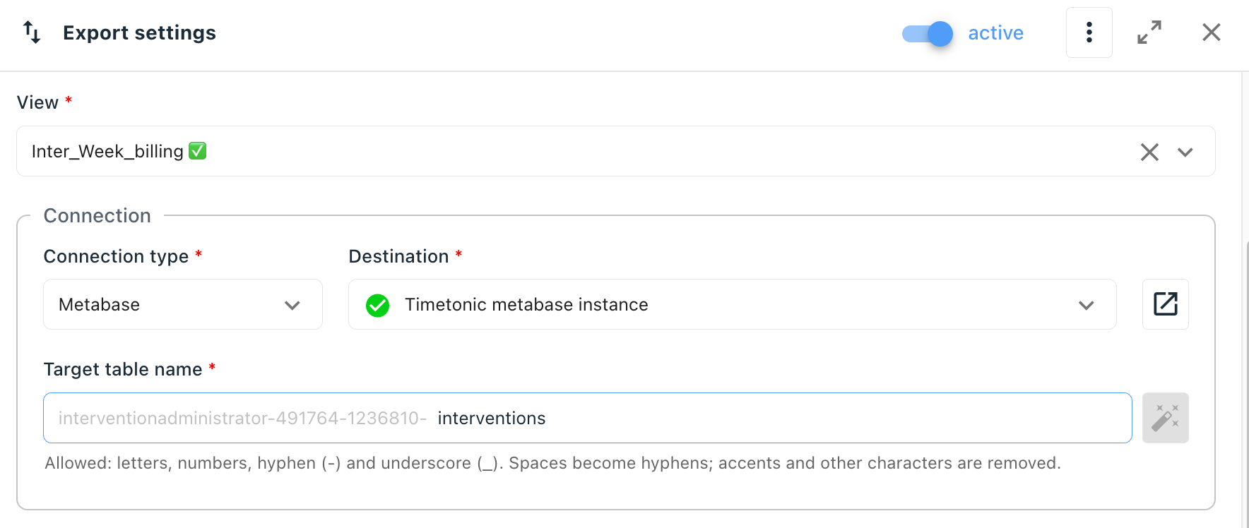 Metabase connection type and target table name