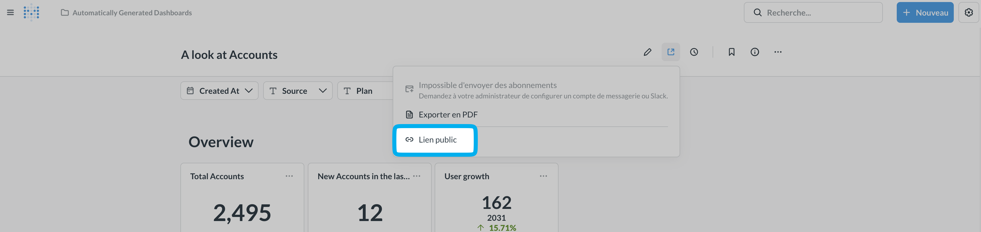 Metabase share menu, Public link option