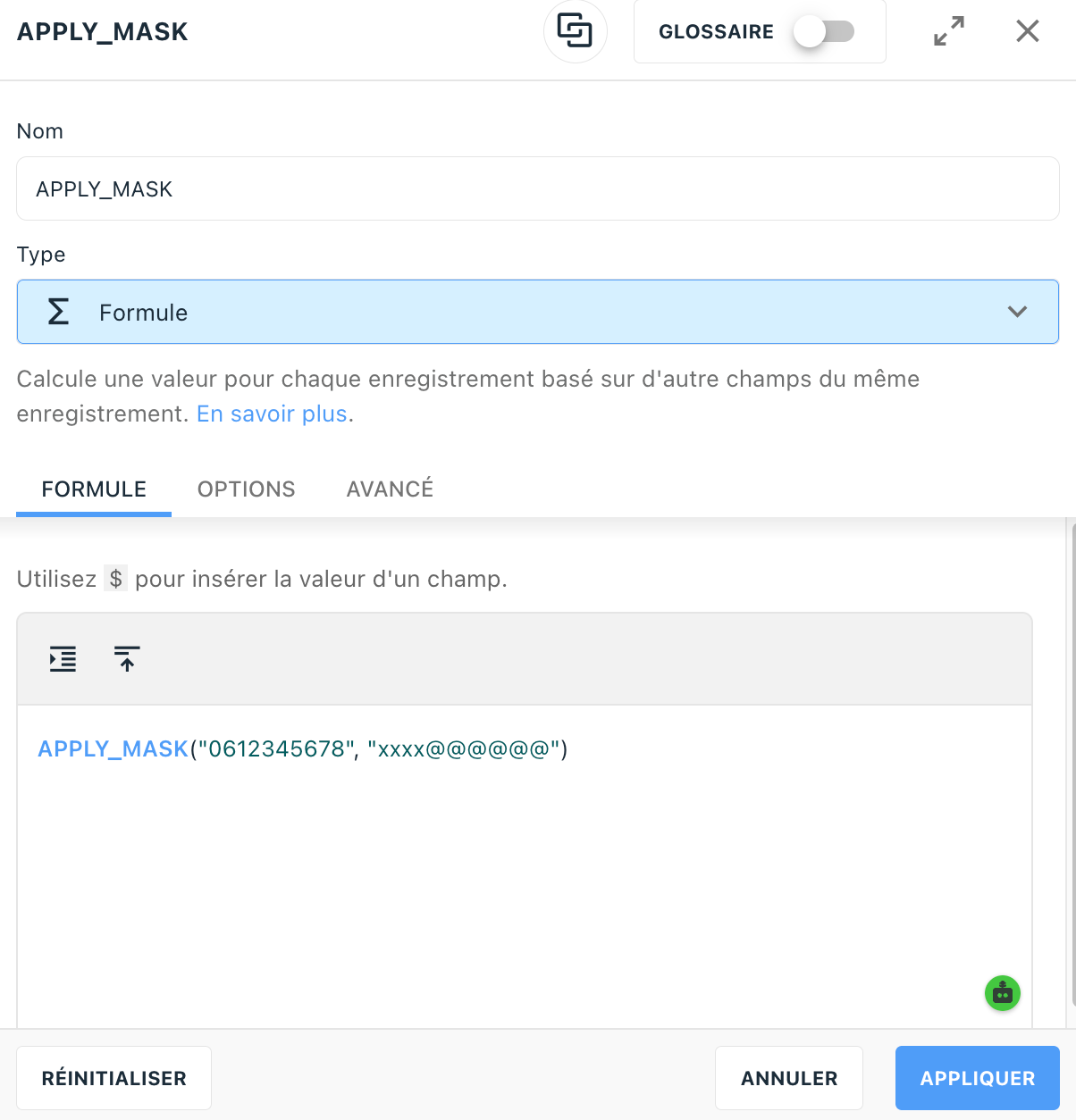 TimeTonic formula editor showing APPLY_MASK with a value and a mask