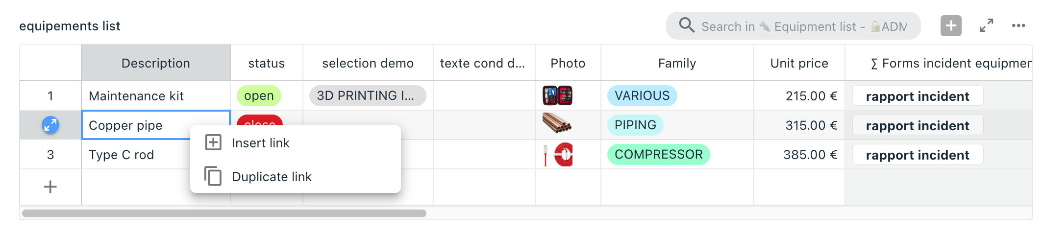 Vue Table avec option active : le menu du clic droit ne propose plus la suppression du lien