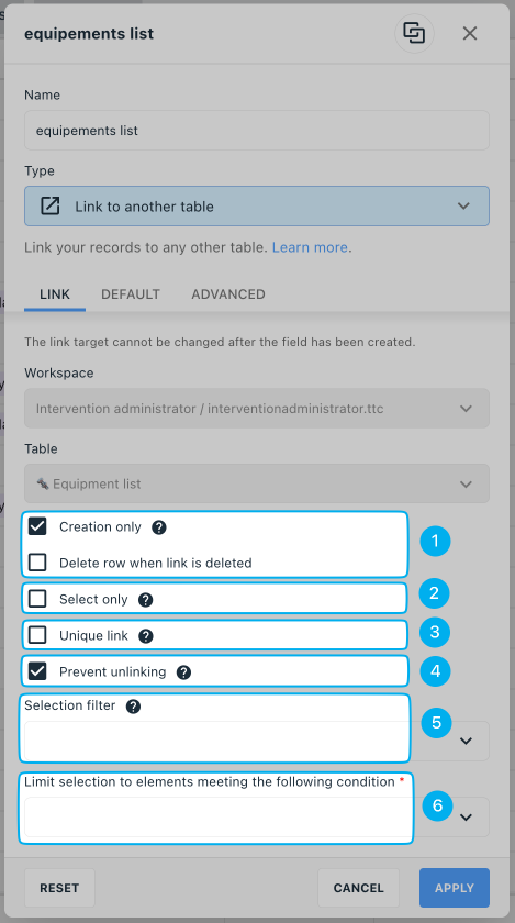 Link to another table column configuration window, Link tab, options numbered 1 to 6