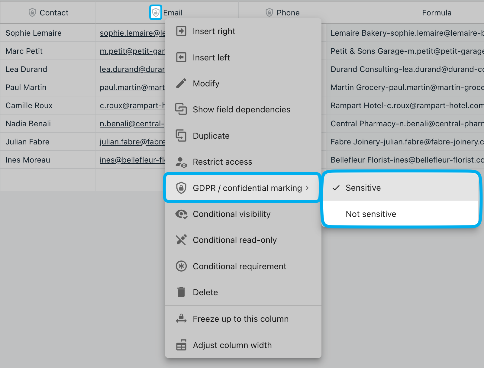 Column menu with the GDPR / confidential marking entry and its submenu of states