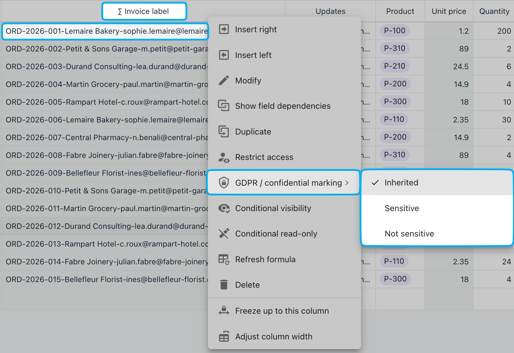 GDPR / confidential marking submenu of the Invoice label formula: Not sensitive ticked by default, Sensitive to choose