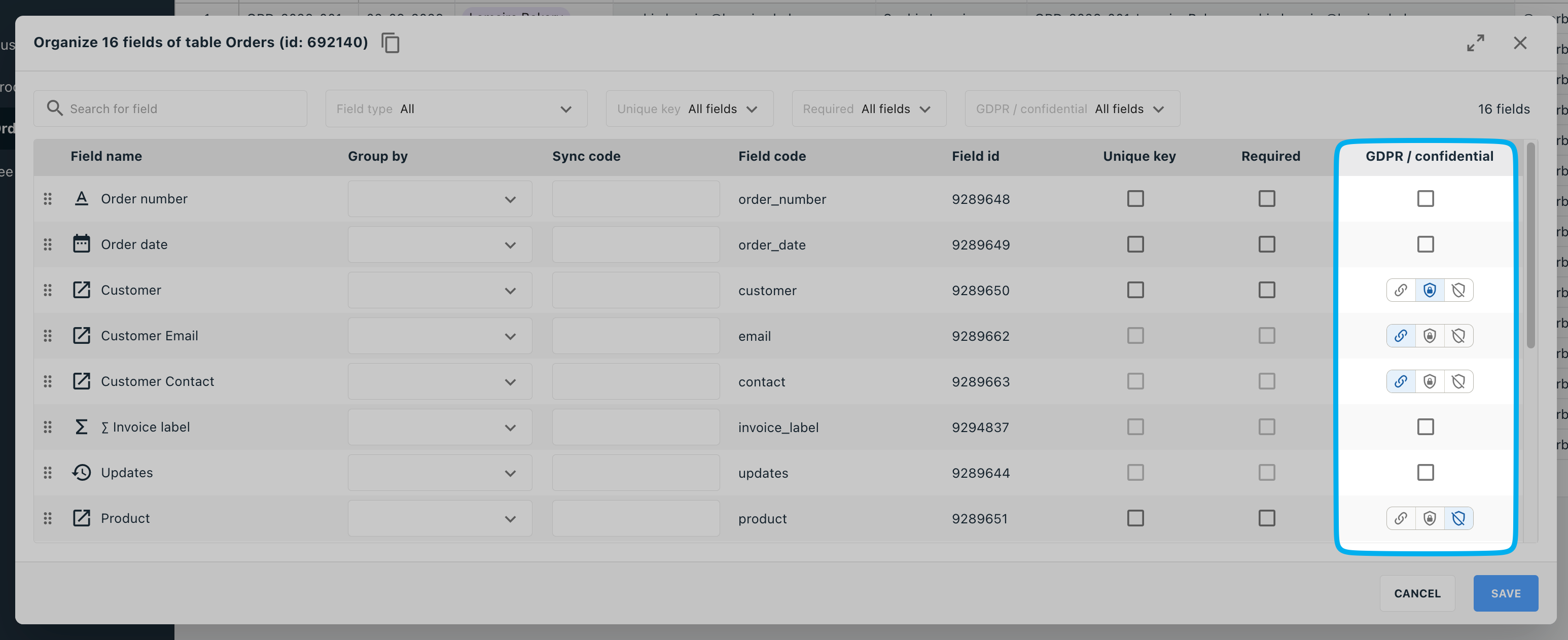 Organize fields window with the GDPR / confidential column and its filter