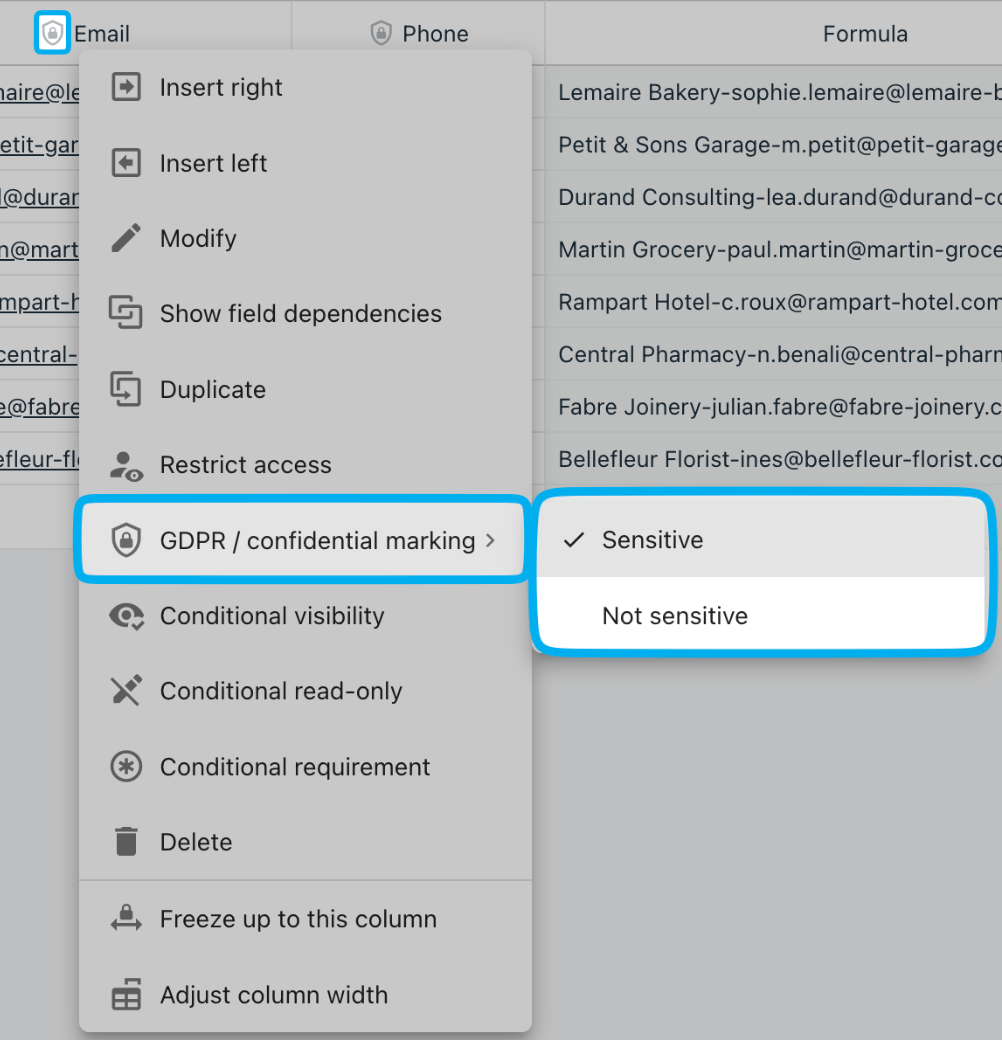 Menu of the Email column with GDPR / confidential marking open: Sensitive ticked, Not sensitive available