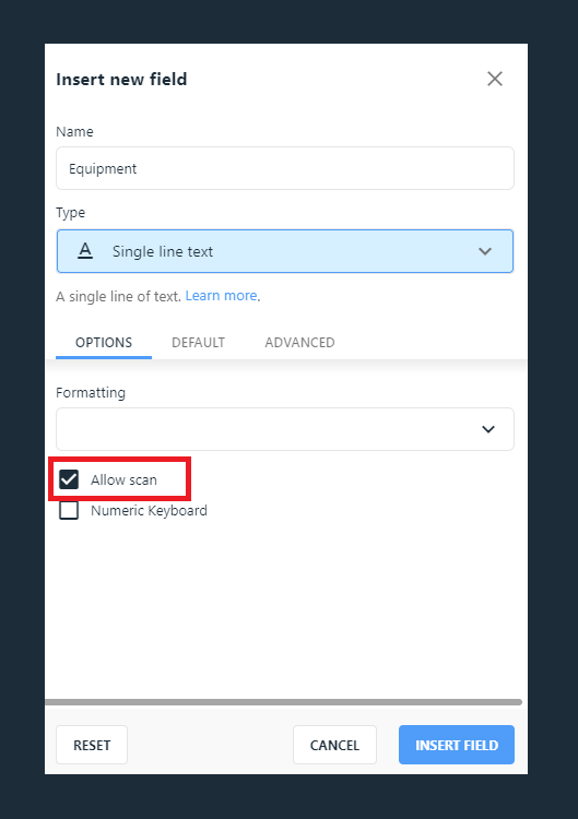 Option Autoriser le scan cochée sur une colonne de texte simple