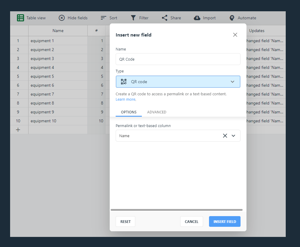 New column window for a QR code column targeting the Name column