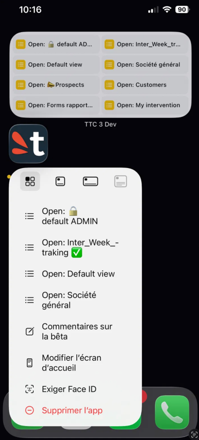 Appui long sur l'icône iOS et widget de raccourcis TimeTonic