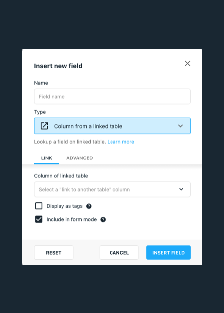 Insert field window, Column from a linked table selected as type