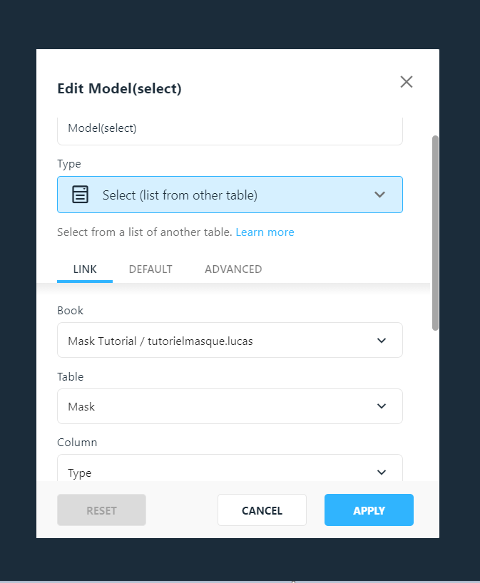 Creating the Select column pointing to the selection table