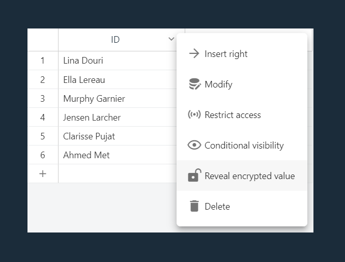 Column menu, Reveal encrypted values option