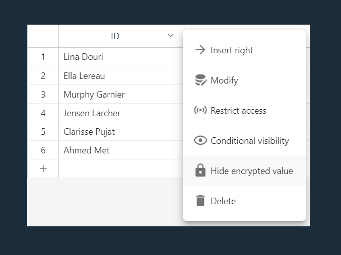 Column menu, Hide encrypted values option